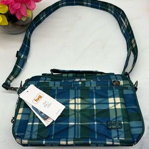 Lug NWT Scoop 2 Flannel Plaid Blue White Green Nylon Lightweight bag with RFID